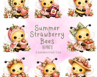 Summer Strawberry Bees Clipart Bundle, Kawaii Bee Illustrations
