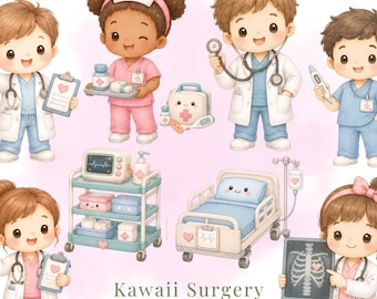 Imágenes prediseñadas de cirugía kawaii, paquete de imágenes PNG médicas en tonos pastel, pegatinas (descarga digital)