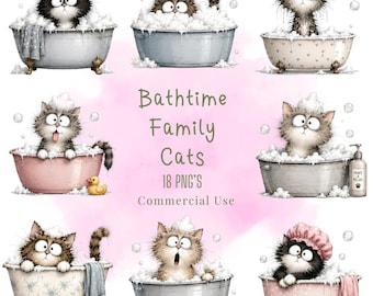Bathtime Family Cats Clipart Bundle, Silly Kittens PNGs, Commercial Use