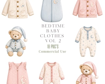 Bedtime Baby Clothes Clipart PNG Bundle |  Nursery Watercolour Clipart | Baby Shower  | Nursery Decor PNG |