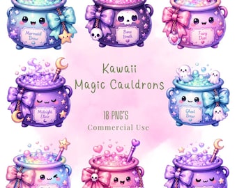 Kawaii Magic Cauldrons Clipart, PNG Bundle (Digital Download)