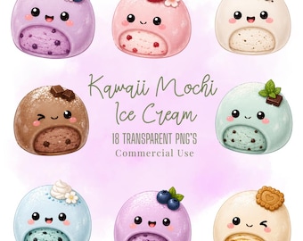 Paquete de imágenes prediseñadas PNG de helados mochi kawaii con personajes de comida pastel kawaii.