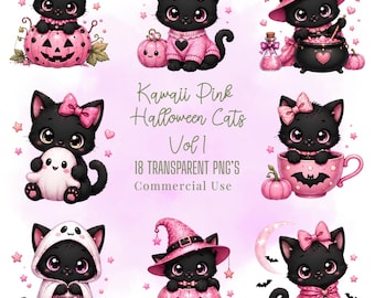 Lot de cliparts chats d'Halloween roses kawaii (fichiers 18 PNG)