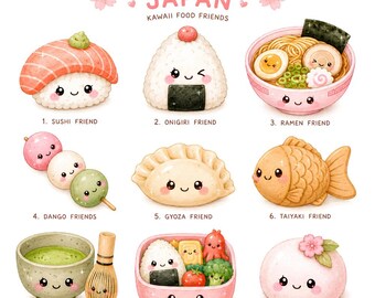 Japon Kawaii Nourriture Clipart PNG | Amis sushis | Nourriture japonaise mignonne | DaisyDust World Tour Café | 18 cliparts aquarelle PNG