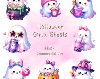 Kawaii Halloween Girlie Ghosts Clipart, PNG Bundle (Digital Download)