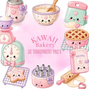 Kawaii Bäckerei Clipart Bundle, Pastell Backen PNG Illustrationen (digitaler Download)