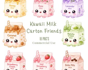 Kawaii Milk Cartons Friends Clipart PNG Bundle Kawaii Pastel Food Characters