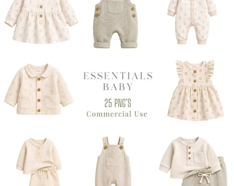 Essentials Baby Clothes Clipart PNG Bundle |  Nursery Watercolour Clipart | Baby Shower  | Nursery Decor PNG |