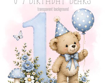 Blue Birthday Bears, 1-9 PNG, Little bears, Sublimation Design, Sweet teddy Clipart, Trending bears, Instant Digital Download