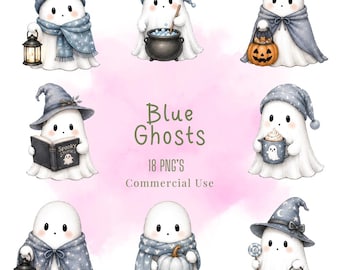 Blue Ghosts Clipart Bundle, Pastel Kawaii PNG Illustrations (Digital Download)