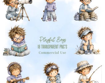 Clipart speelse jongens, kleine jongens in blauw, png-bundel, pastelkleurige stickers