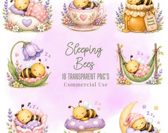 Sleeping Bees Clipart, Pastel Kawaii PNG Bundle, Commercial Use