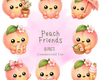 Bundle de cliparts amis pêche PNG, personnages de nourriture pastel kawaii