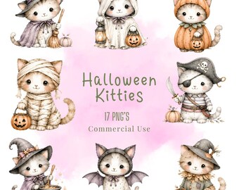 Ensemble de cliparts chatons d'Halloween, illustrations pastel kawaii PNG (téléchargement numérique)