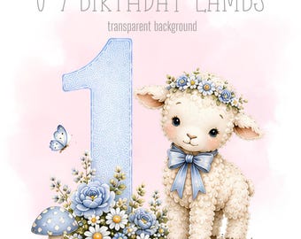 Blue Birthday Lambs, 1-9 PNG, Little sheep, Sublimation Design, Sweet animal Clipart, Trending milestones, Instant Digital Download