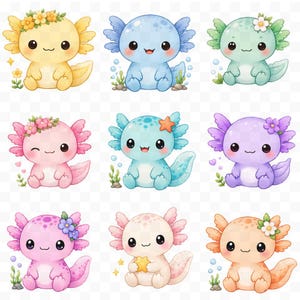 K&ouml;nnte beinhalten: Neun bunte Cartoon-Axolotl mit gro&szlig;en Augen und l&auml;chelnden Gesichtern. Jedes Axolotl hat eine andere Farbe, darunter Gelb, Blau, Gr&uuml;n, Rosa und Lila. Einige haben Blumenkr&auml;nze oder halten einen Seestern oder einen Stern. Der Hintergrund ist transparent.
