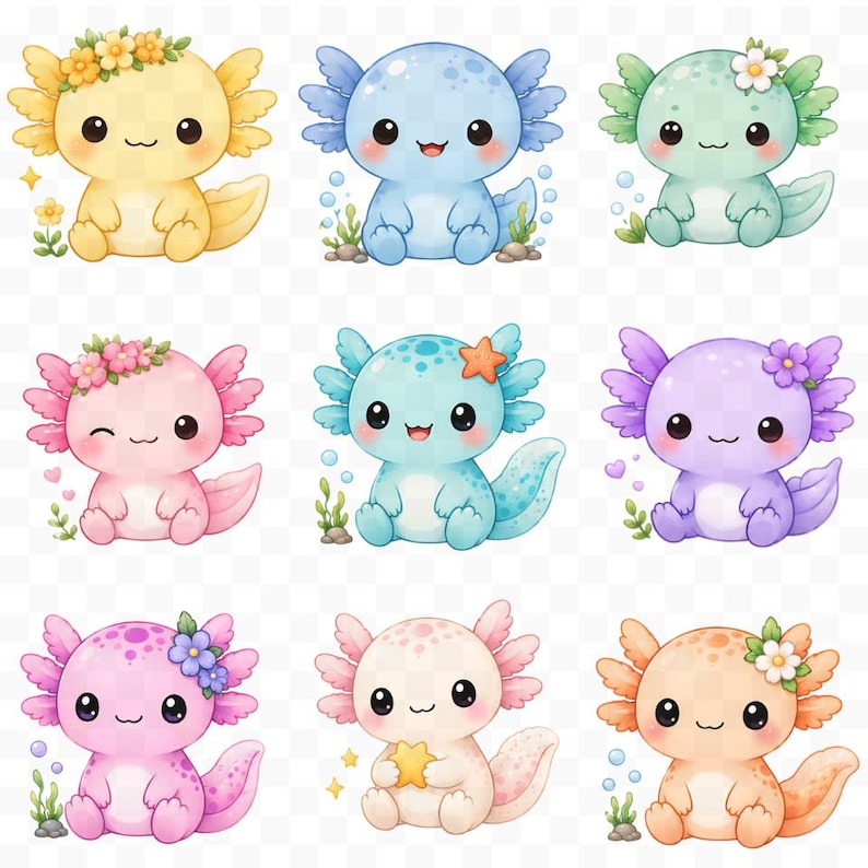 K&ouml;nnte beinhalten: Neun bunte Cartoon-Axolotl mit gro&szlig;en Augen und l&auml;chelnden Gesichtern. Jedes Axolotl hat eine andere Farbe, darunter Gelb, Blau, Gr&uuml;n, Rosa und Lila. Einige haben Blumenkr&auml;nze oder halten einen Seestern oder einen Stern. Der Hintergrund ist transparent.