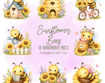 Sunflower Bees Clipart, Pastel Kawaii PNG Bundle, Commercial Use