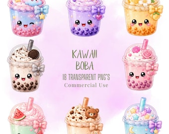 Kawaii Boba Clipart PNG Bundle Kawaii Pastel Food Characters