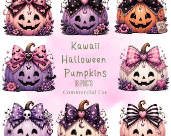 Kawaii Halloween Pumpkins Clipart, PNG Bundle (Digital Download)