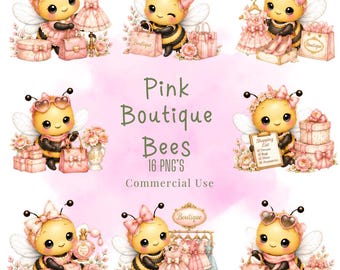 Pink Boutique Bees Clipart Bundle, Kawaii Bee Illustrations
