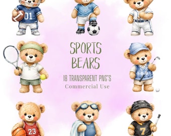 Sport Teddybären Clipart, Aquarell Kawaii Athlete PNGs, Kinder Team Grafiken