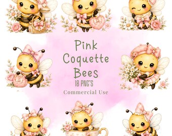 Clipartbundel Pink Coquette Bees, kawaii-bijillustraties