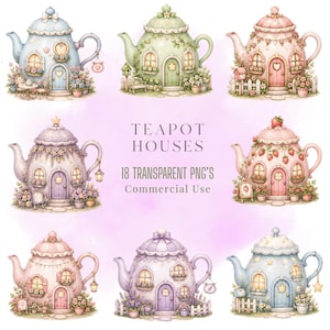Teapot Houses Clipart Bundle, Pastel Houses PNG Illustrations