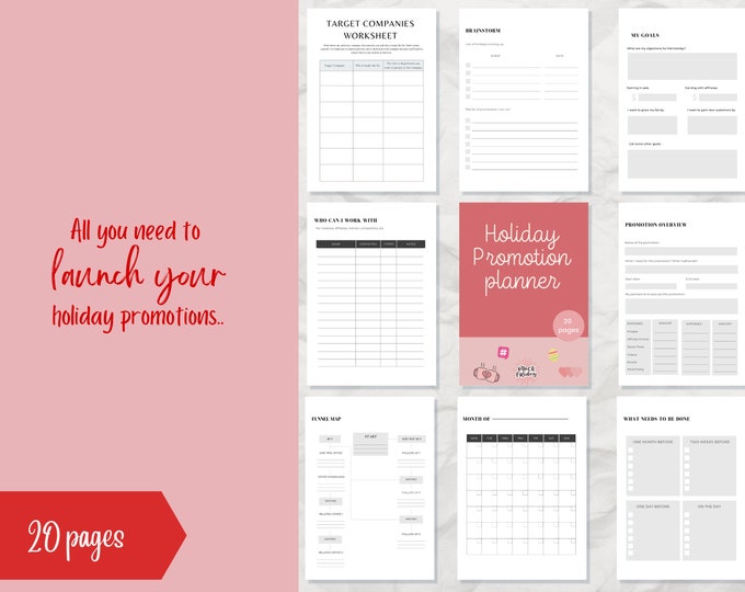 Holiday promotional planner, 20+ pages PDF printable A4/US + Bonus Social Media Holiday 2022 Calendar