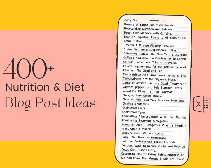 400+ Nutrition and Diet Blog Post Ideas | A-Z in Excel Worksheet | Inspiration for Engaging Content