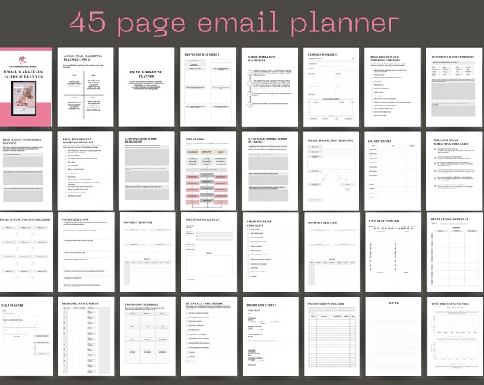 Email Marketing Planner, 45-page workbook. Complete with checklists, visuals, and campaign planner. A4/US size. Beginner-friendly