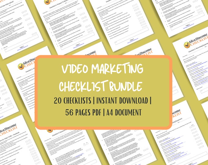 19 Video marketing Checklists Bundle,  Setting up, Keyword Research, preparation and Editing. 56 pages PDF Printable