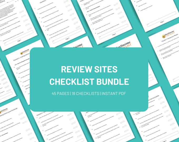 X18 Review Site Checklists | 45 Pages  Checklist Bundle | Build authority as Affiliate Marketer