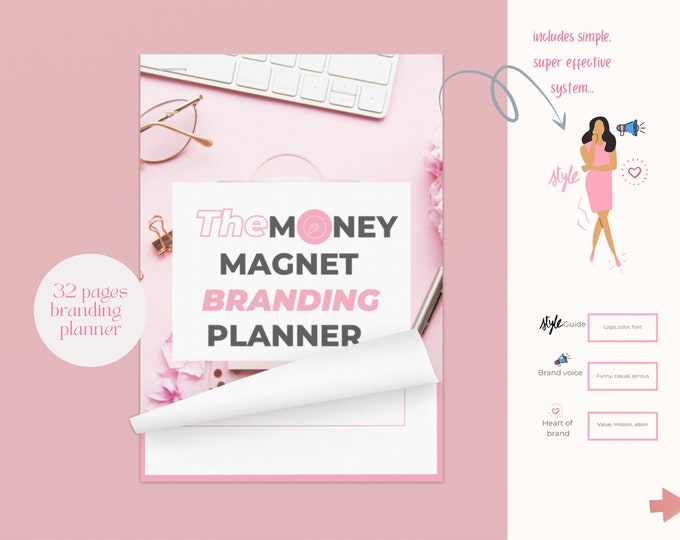 Branding planner |  32-page workbook, The money magnet brand planner for business owners  A4/US 8.5 x 11. Pink