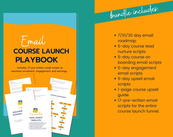 Course launch email roadmap playbook. ALL 37 pre-written email scripts for complete course funnel | 50 pages PDF printable A4/US