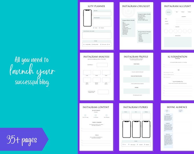 Instagram marketing strategy planner.   Master Instagram workbook and guide.  30+ pages PDF printable A4/US