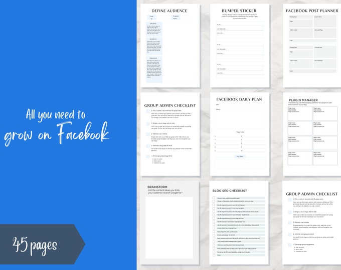 Facebook marketing planner.  Facebook strategy worksheet 45+ pages PDF printable A4/US