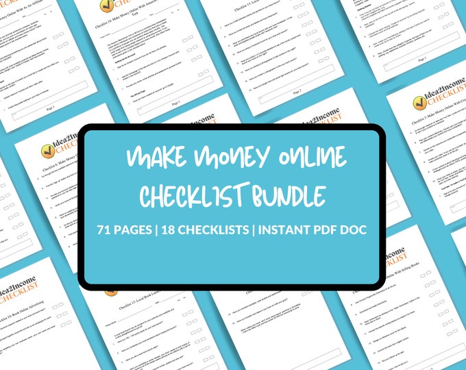 x18 Make Extra Income Online Checklist Bundle, Easy to Follow Checklist, Ideas, 71 Page PDF document.