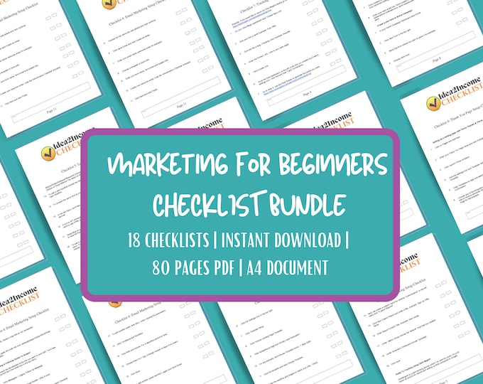 x18 Marketing for Beginners Checklist | 80 Pages Checklists bundle | Setup Wordpress, Social Media, Website tracking, Domain name ++