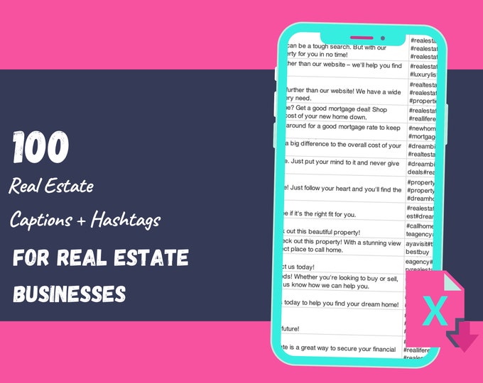 100 Social Media Captions for Real Estate Businesses | Excel Worksheet | Inspiration for Engaging Content + Hashtags