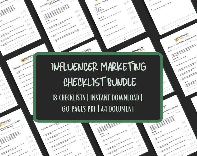 x18 Influencer Marketing Checklist Bundle | 60 Pages Checklists bundle | Influencer outreach for Small Business Owners.