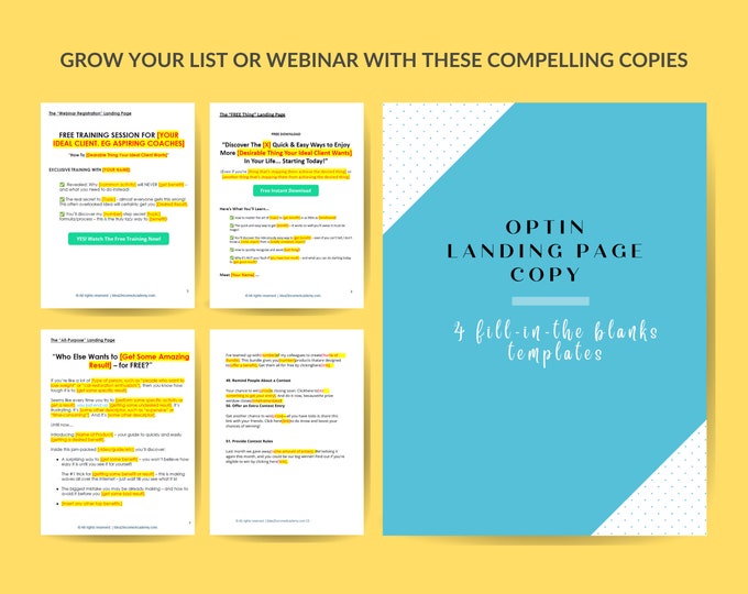 Optin landing page copy x6 | Lead Magnet download, webinar signup | List building landing page copy