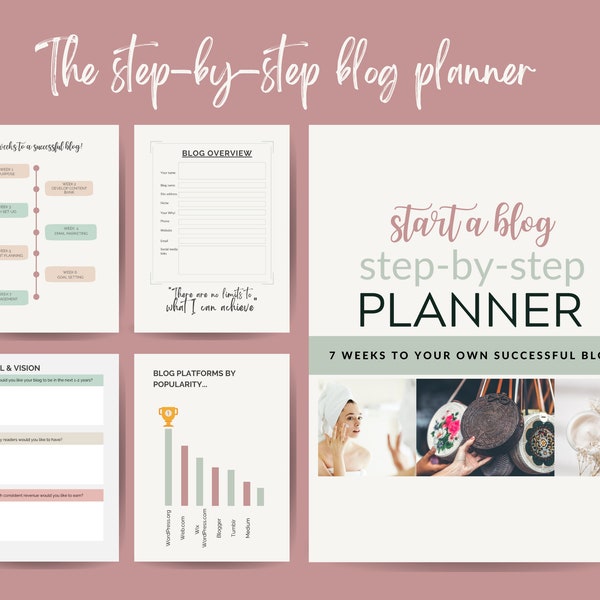 Blog Planner, Blogging Printable | Start a Blog in 7 Weeks of Less. A4/US size | 60 Pages  | Visual, step by step | Beginner friendly!