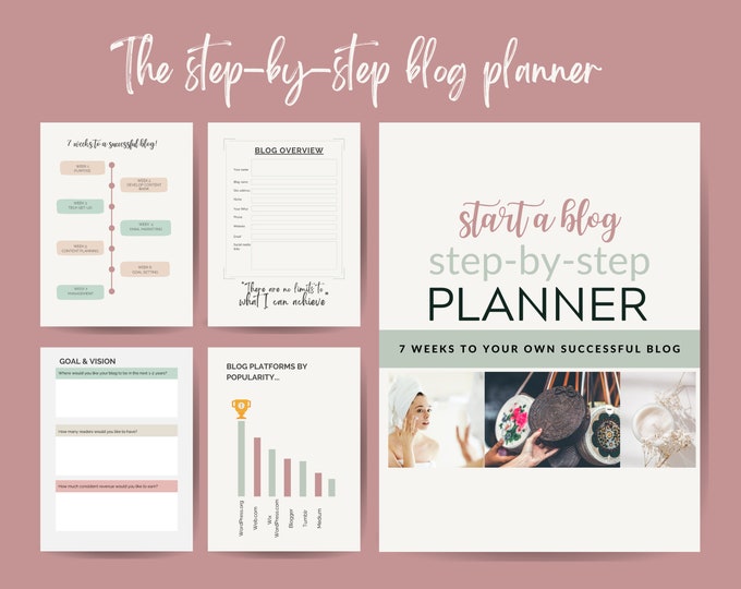 Blog Planner, Blogging Printable | Start a Blog in 7 Weeks of Less. A4/US size | 60 Pages  | Visual, step by step | Beginner friendly!