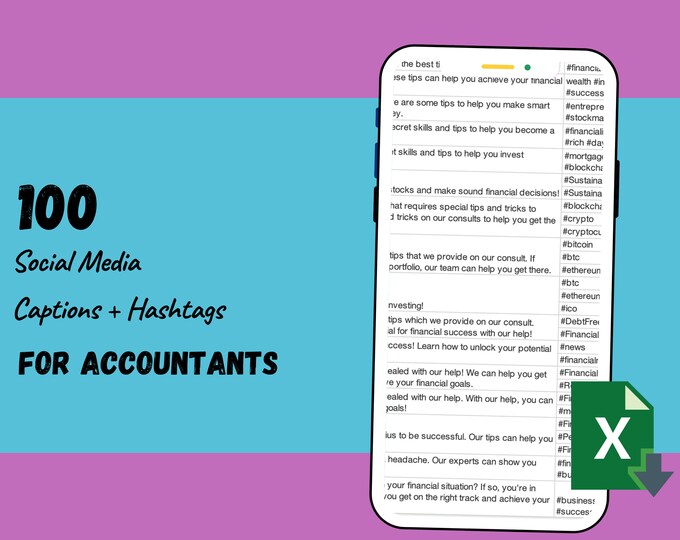 100 Social Media Captions for Accountants and Finance Business | Excel Worksheet | Inspiration for Engaging Content + Hashtags