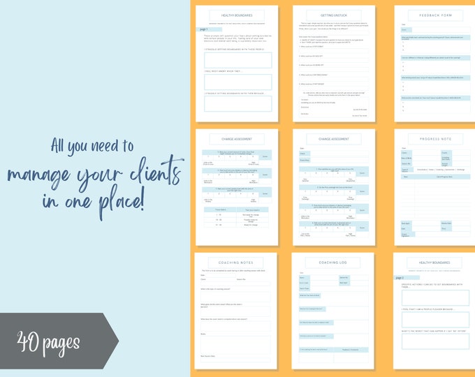 Client Management planner, client forms and template. 40 Pages PDF A4/US Letter. Record Keeping and Organisation.