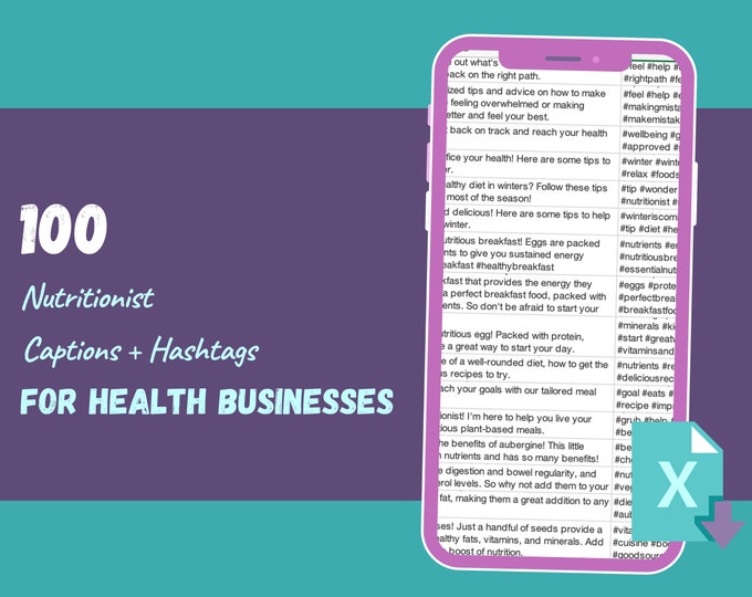 100 Social Media Captions for Nutritionist Businesses | Excel Worksheet | Inspiration for Engaging Content + Hashtags