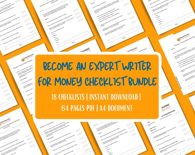 x18 Become a Professional Writer Checklists | 55 Pages Checklists bundle | Small Business Owners and Copywriters