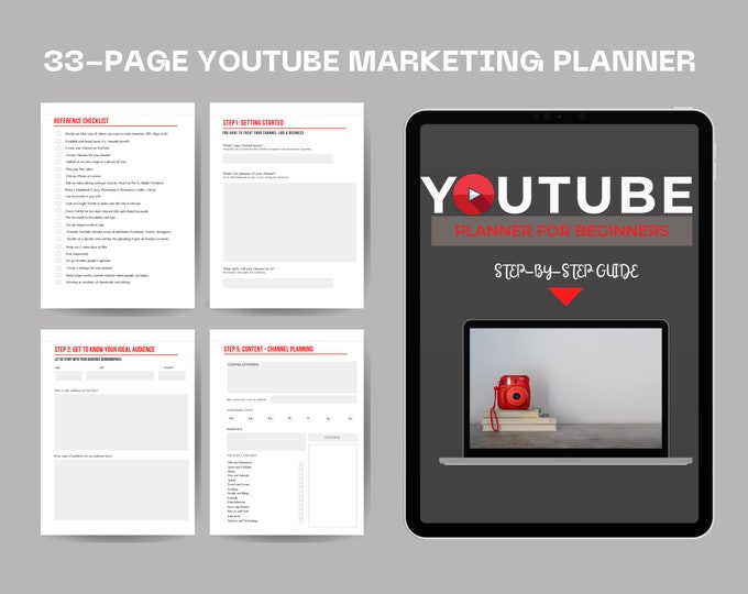 YouTube planner | Start a channel from scratch 30 + Page planner | Step by step guide and workbook | YouTube Marketing A4/US Sizes Printable