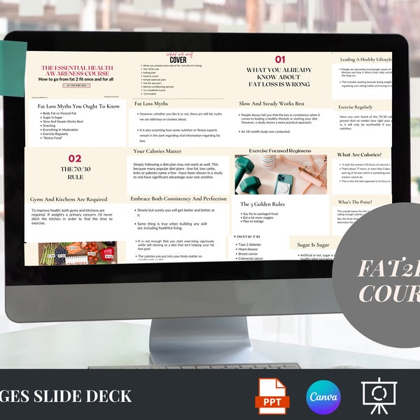 TEACH Health Awareness Fat2Fitness Course | DFY Course 133 Slides in CANVA + 60 page Scripts | Perfect for Health, Fitness & Wellness Coach